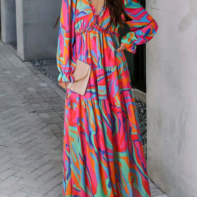 Floral Floral Dress Women Deep V-neck Ruffled Puff Sleeve Skirt