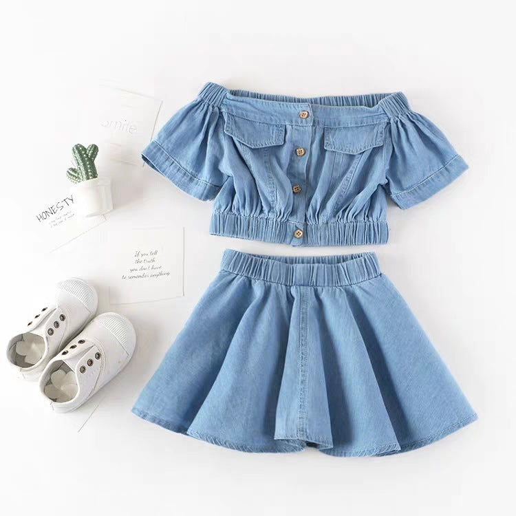 Girls Korean Version Denim Two-piece High-waisted Short-sleeved Top