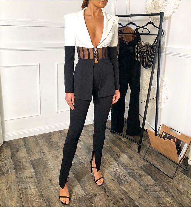 Women's Winter Straight High Waist Black Skinny Pants Suit