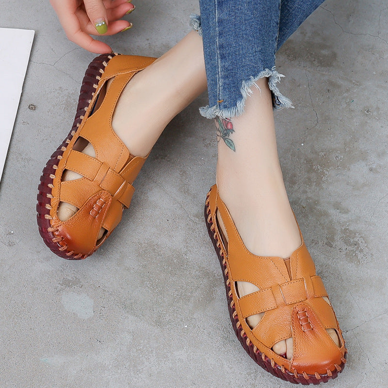 Leather Cavern Shoes With Hollow Head For Women's Shoes