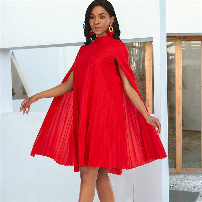 Round Neck Loose Casual Large Size Pleated Shawl Sleeve Dress