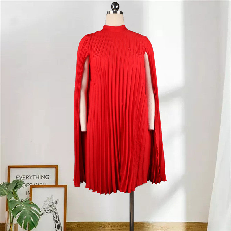 Round Neck Loose Casual Large Size Pleated Shawl Sleeve Dress