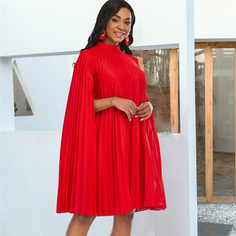 Round Neck Loose Casual Large Size Pleated Shawl Sleeve Dress