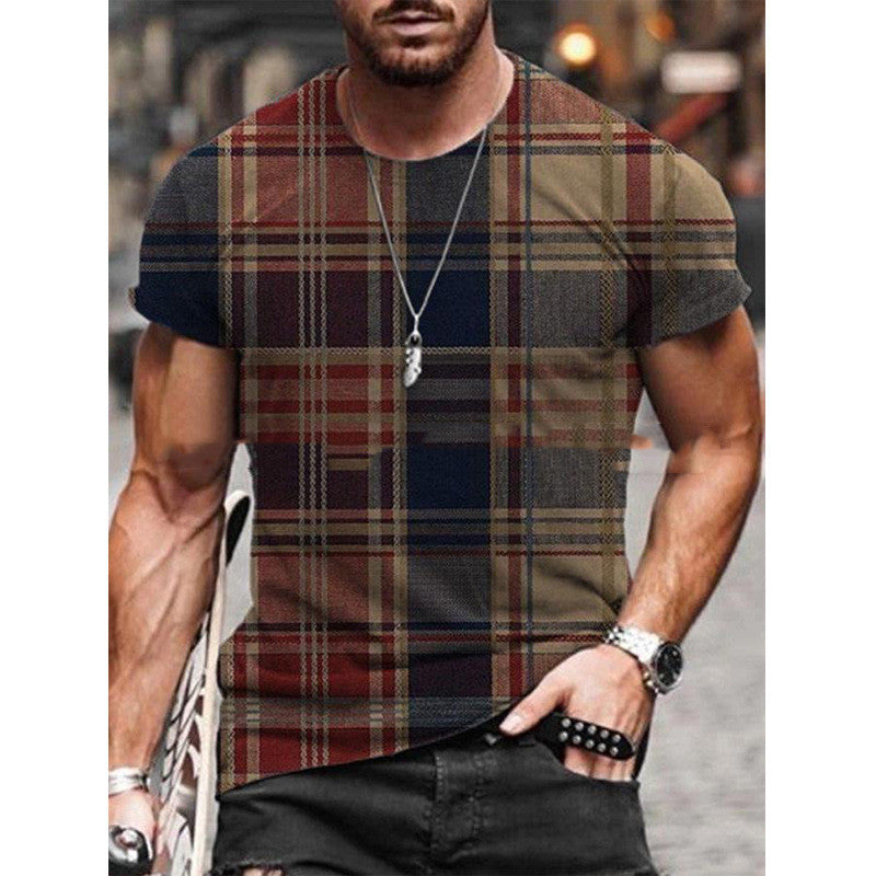 New Contrast Color Stitching Plaid Pattern Printing Short Sleeved Men's T Shirt