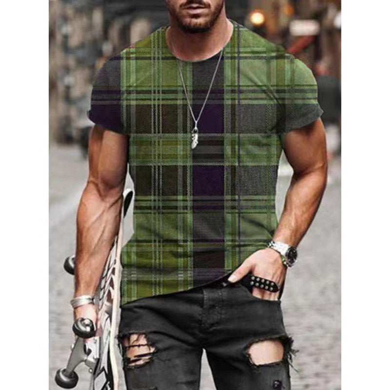 New Contrast Color Stitching Plaid Pattern Printing Short Sleeved Men's T Shirt