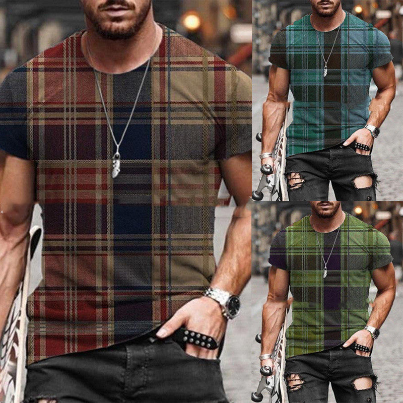 New Contrast Color Stitching Plaid Pattern Printing Short Sleeved Men's T Shirt
