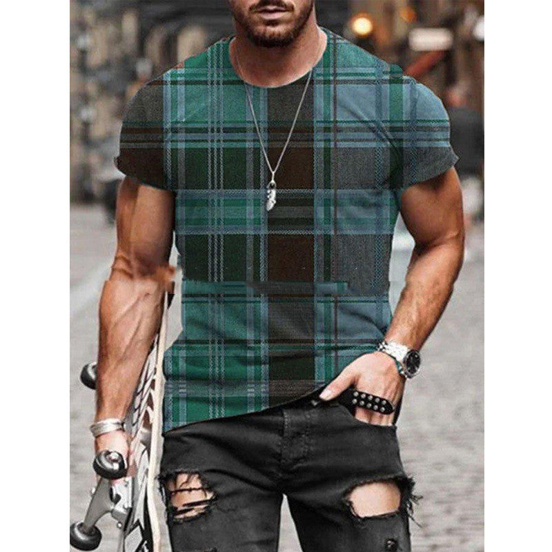 New Contrast Color Stitching Plaid Pattern Printing Short Sleeved Men's T Shirt
