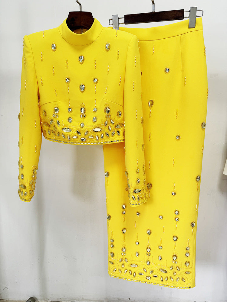Fashion New Heavy Industry Beads Diamond Inlaid Short Top Long Skirt Suit