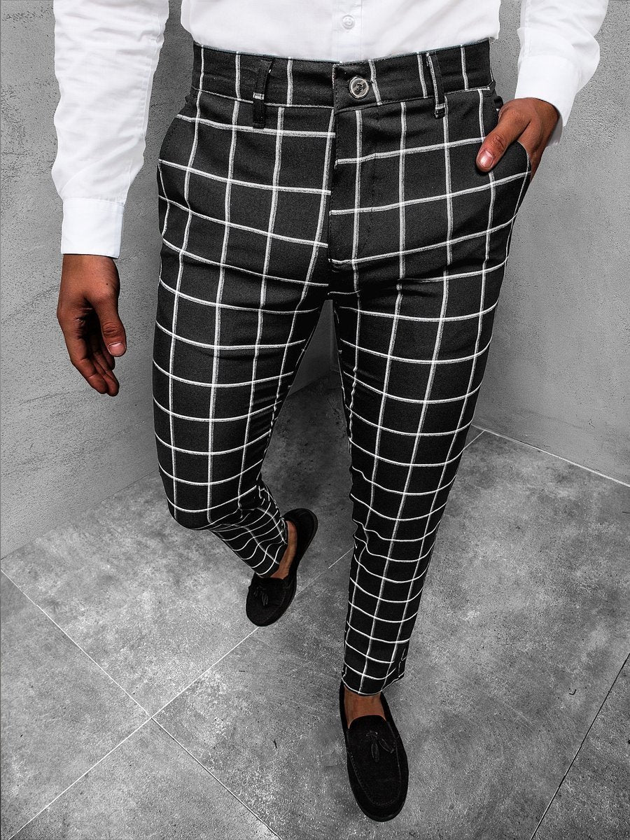 Men's Plaid Casual Youth Ordinary Micro-elastic Mid Waist Trousers
