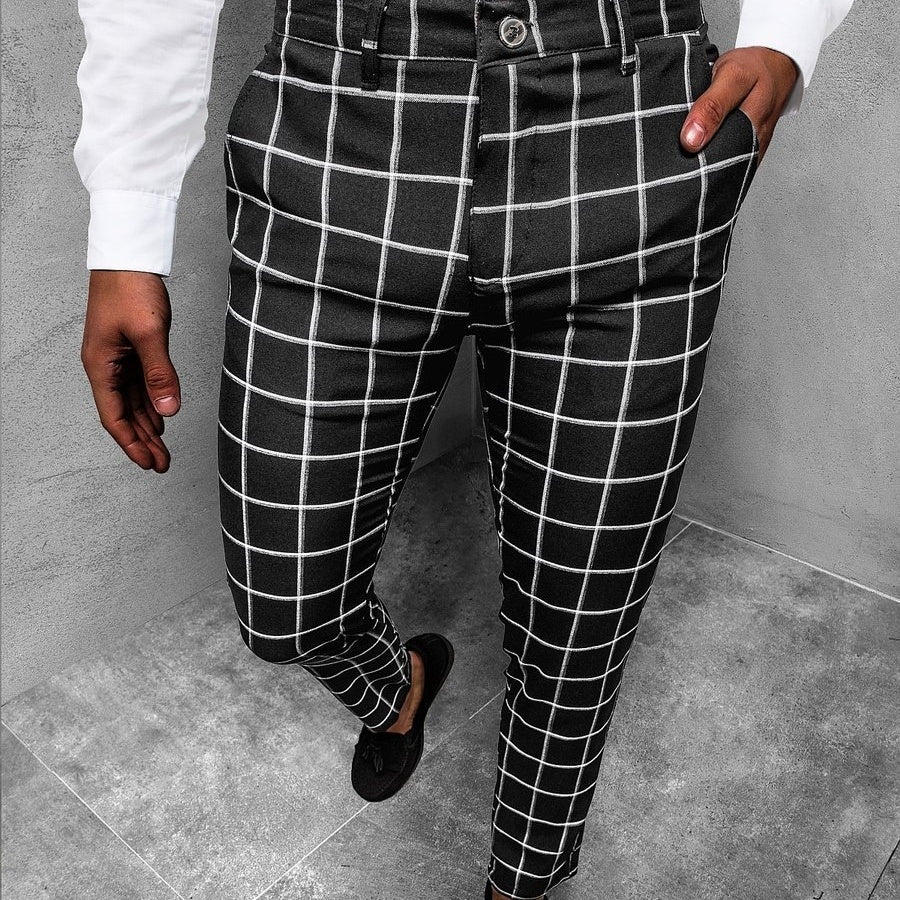Men's Plaid Casual Youth Ordinary Micro-elastic Mid Waist Trousers