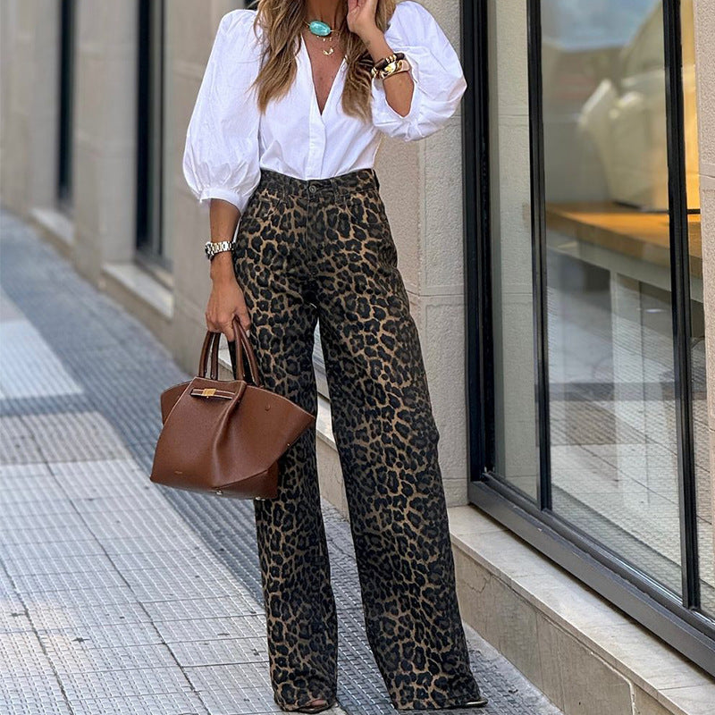 Women's Fashion Temperament Leopard Print Straight Casual Trousers - ADJOVIMARK