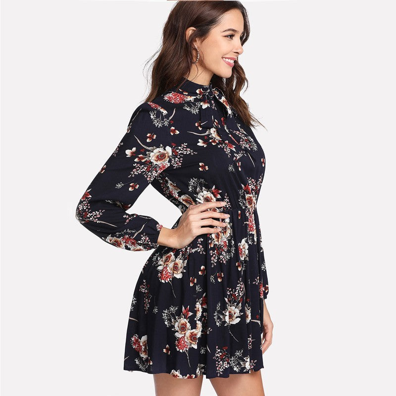 Autumn Floral Women Dresses Multicolor Elegant Long Sleeve High Waist A Line Chic Dress Ladies Tie Neck Dress - ADJOVIMARK