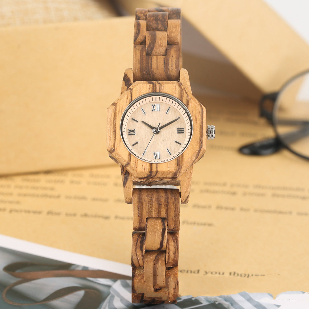 Bracelet Buckle Octagon Face Diamond Ladies Wooden Watch - ADJOVIMARK