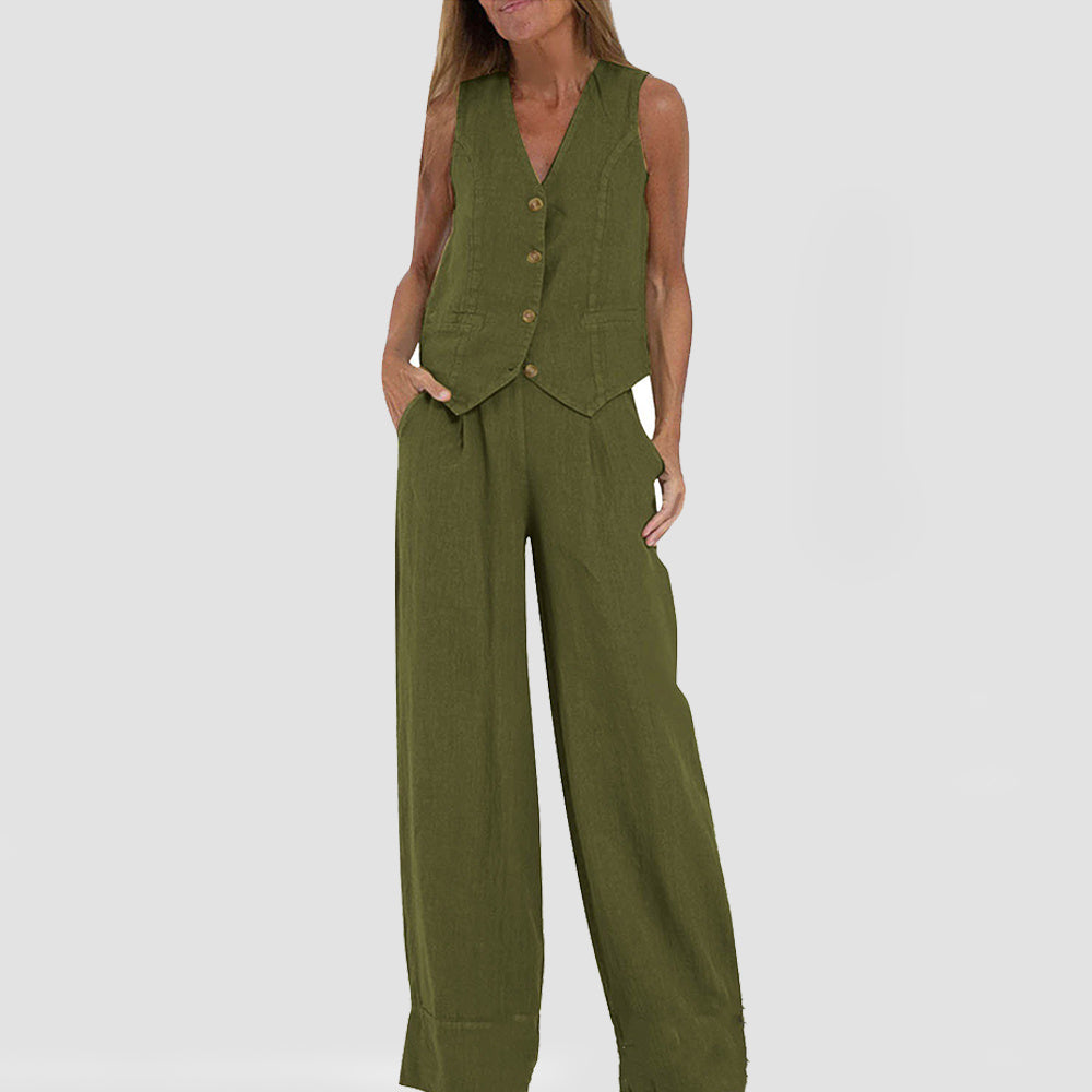 Summer Vest Suits V-neck Botton Sleeveless Top And Loose Straight Trousers Casual Womens Clothing - ADJOVIMARK