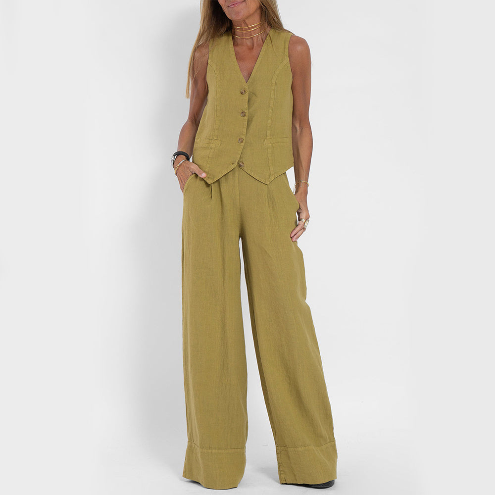 Summer Vest Suits V-neck Botton Sleeveless Top And Loose Straight Trousers Casual Womens Clothing - ADJOVIMARK