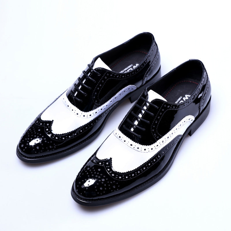 Men's Black And White Leather Pointed Toe Shoes - ADJOVIMARK