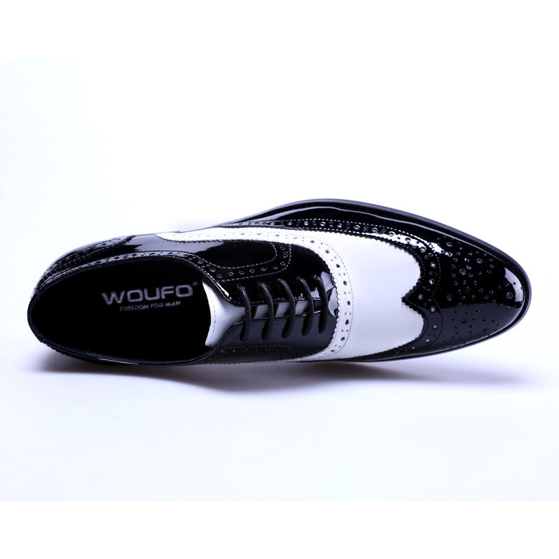 Men's Black And White Leather Pointed Toe Shoes - ADJOVIMARK