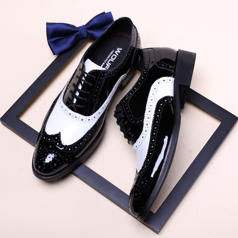 Men's Black And White Leather Pointed Toe Shoes - ADJOVIMARK