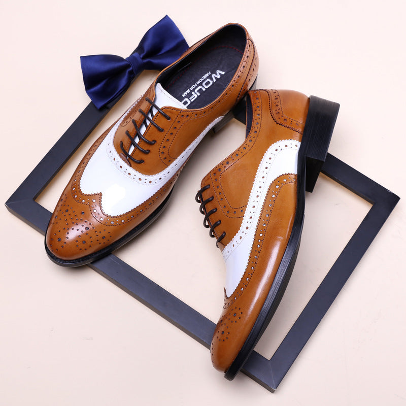 Men's Black And White Leather Pointed Toe Shoes - ADJOVIMARK