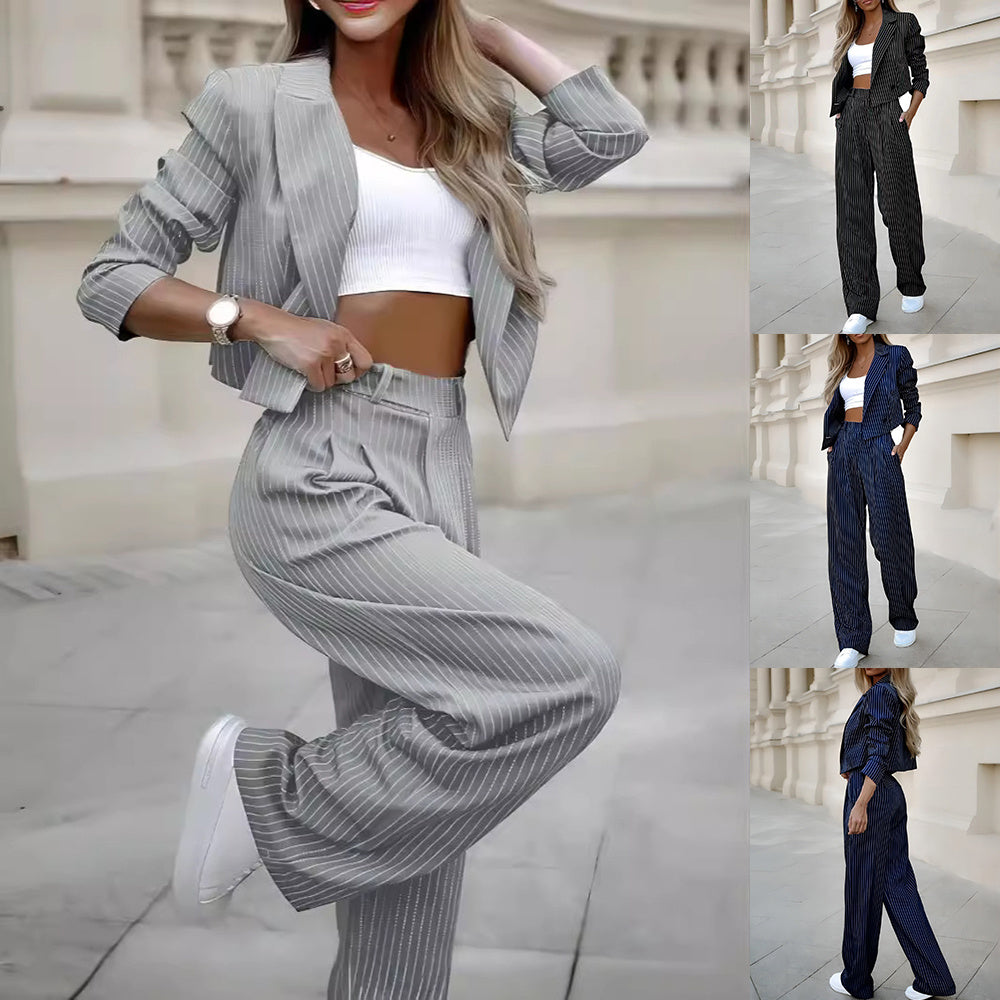 Fashion Striped Suits Casual Lapel Long Sleeve Cropped Top And Straight Pants Outfits Women's Clothing - ADJOVIMARK