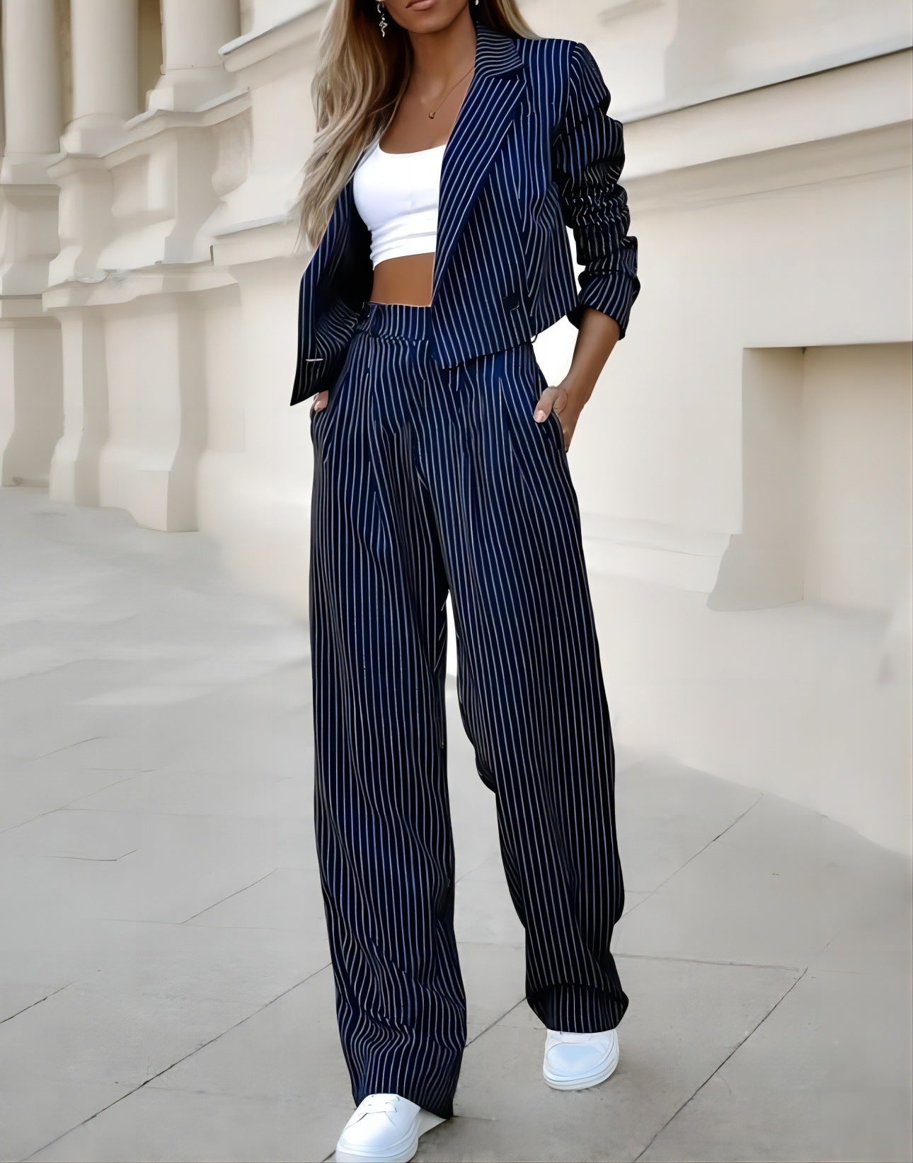 Fashion Striped Suits Casual Lapel Long Sleeve Cropped Top And Straight Pants Outfits Women's Clothing - ADJOVIMARK