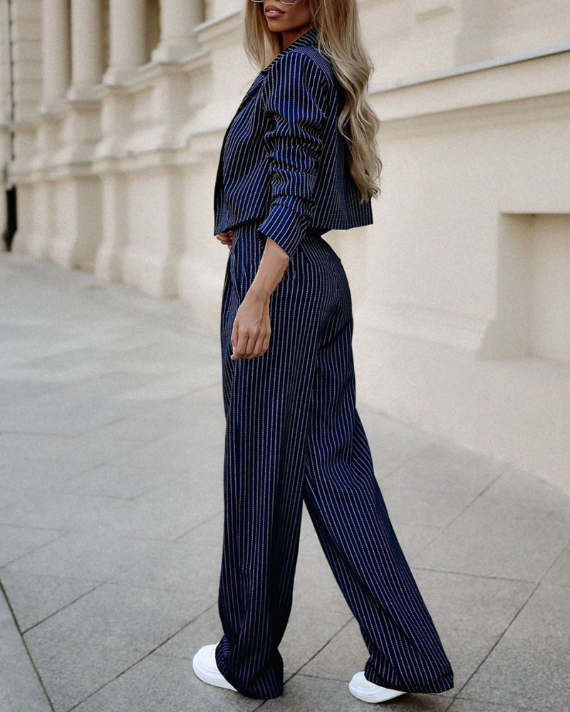 Fashion Striped Suits Casual Lapel Long Sleeve Cropped Top And Straight Pants Outfits Women's Clothing - ADJOVIMARK