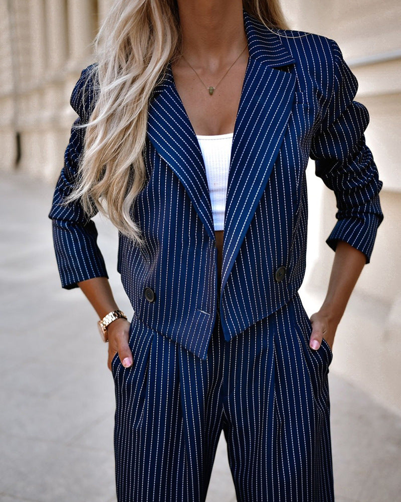 Fashion Striped Suits Casual Lapel Long Sleeve Cropped Top And Straight Pants Outfits Women's Clothing - ADJOVIMARK
