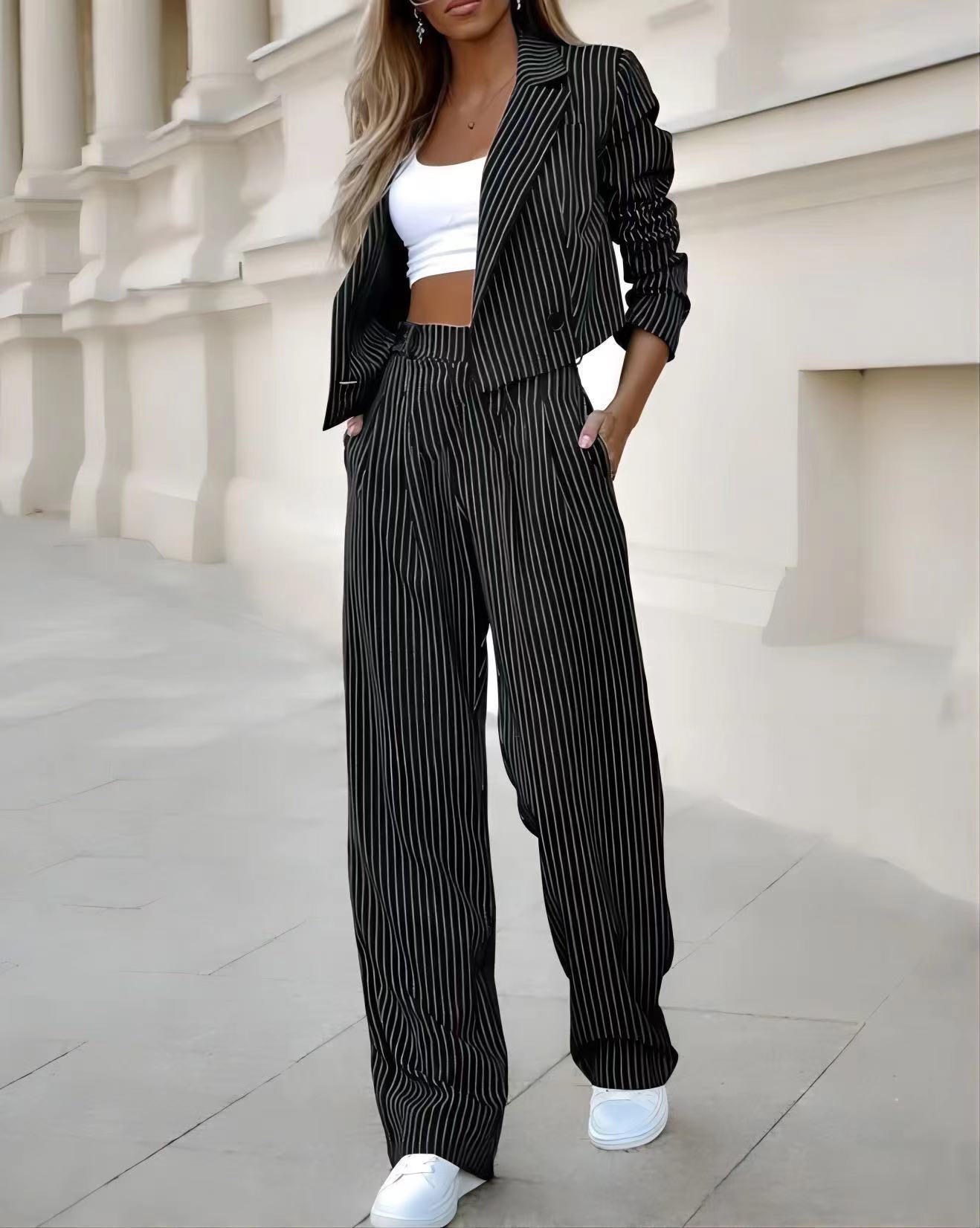 Fashion Striped Suits Casual Lapel Long Sleeve Cropped Top And Straight Pants Outfits Women's Clothing - ADJOVIMARK
