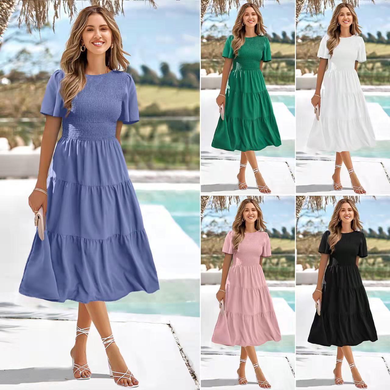 Women's Round Neck Smocked Short Sleeve Casual Dress Swing Flowy Ruffle Hem Mini Beach Summer Dresses - ADJOVIMARK