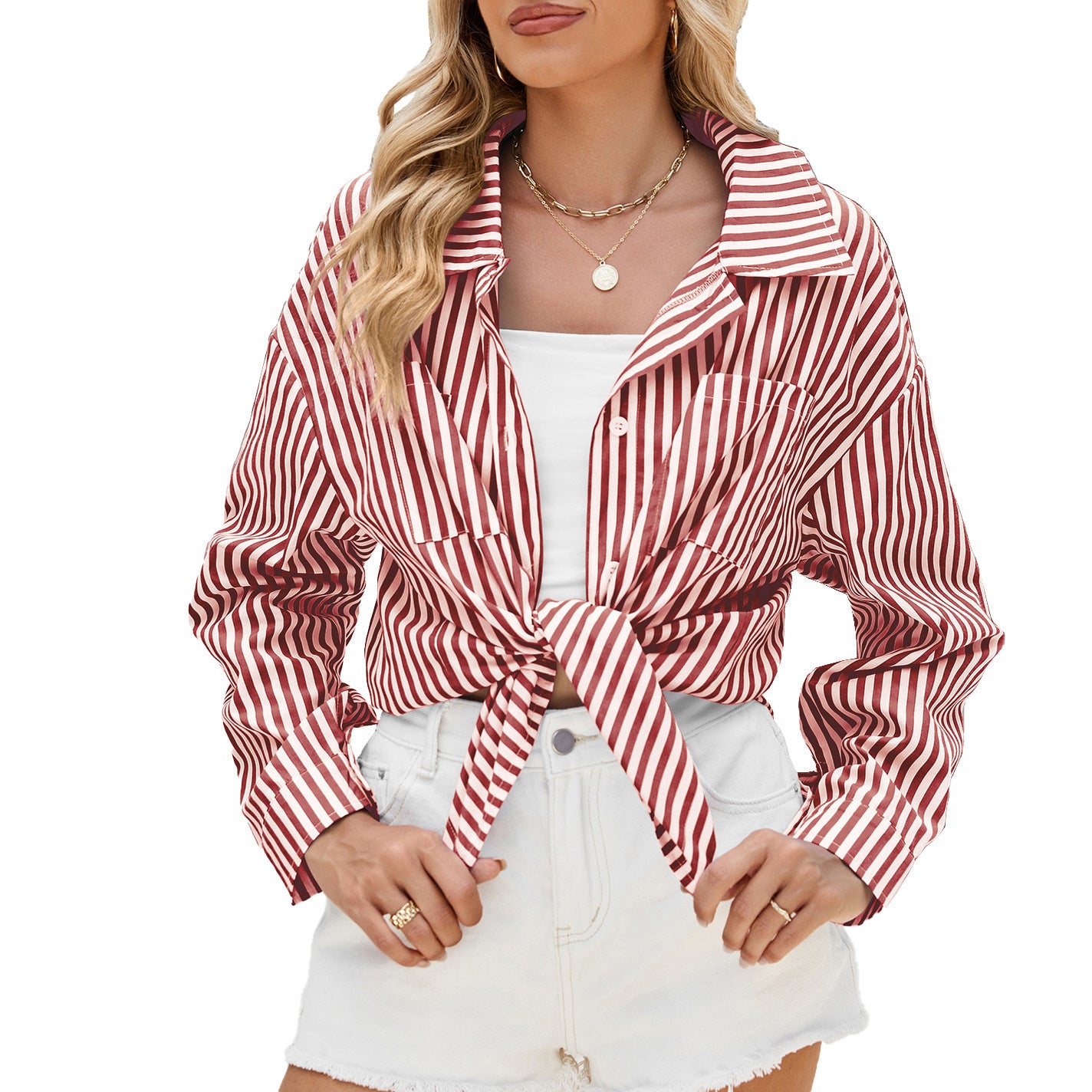 Fashion Striped Long Sleeve Shirt With Pockets Casual Loose Single-breasted Button Top Women Clothing - ADJOVIMARK