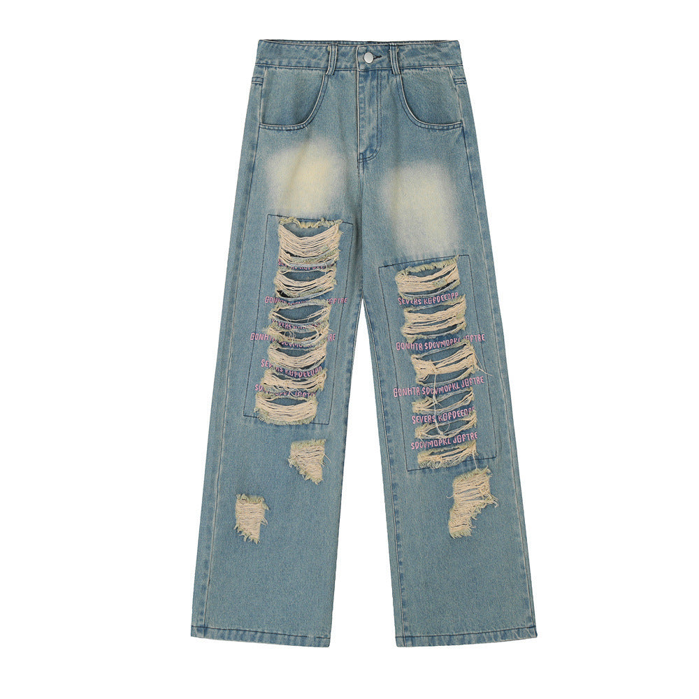 Beggar Ripped Patch Embroidered Letter Jeans - ADJOVIMARK