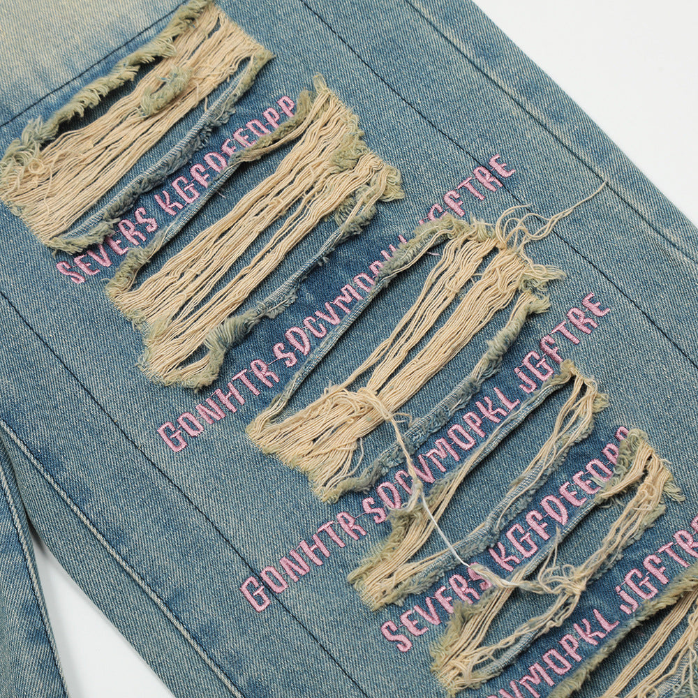 Beggar Ripped Patch Embroidered Letter Jeans - ADJOVIMARK