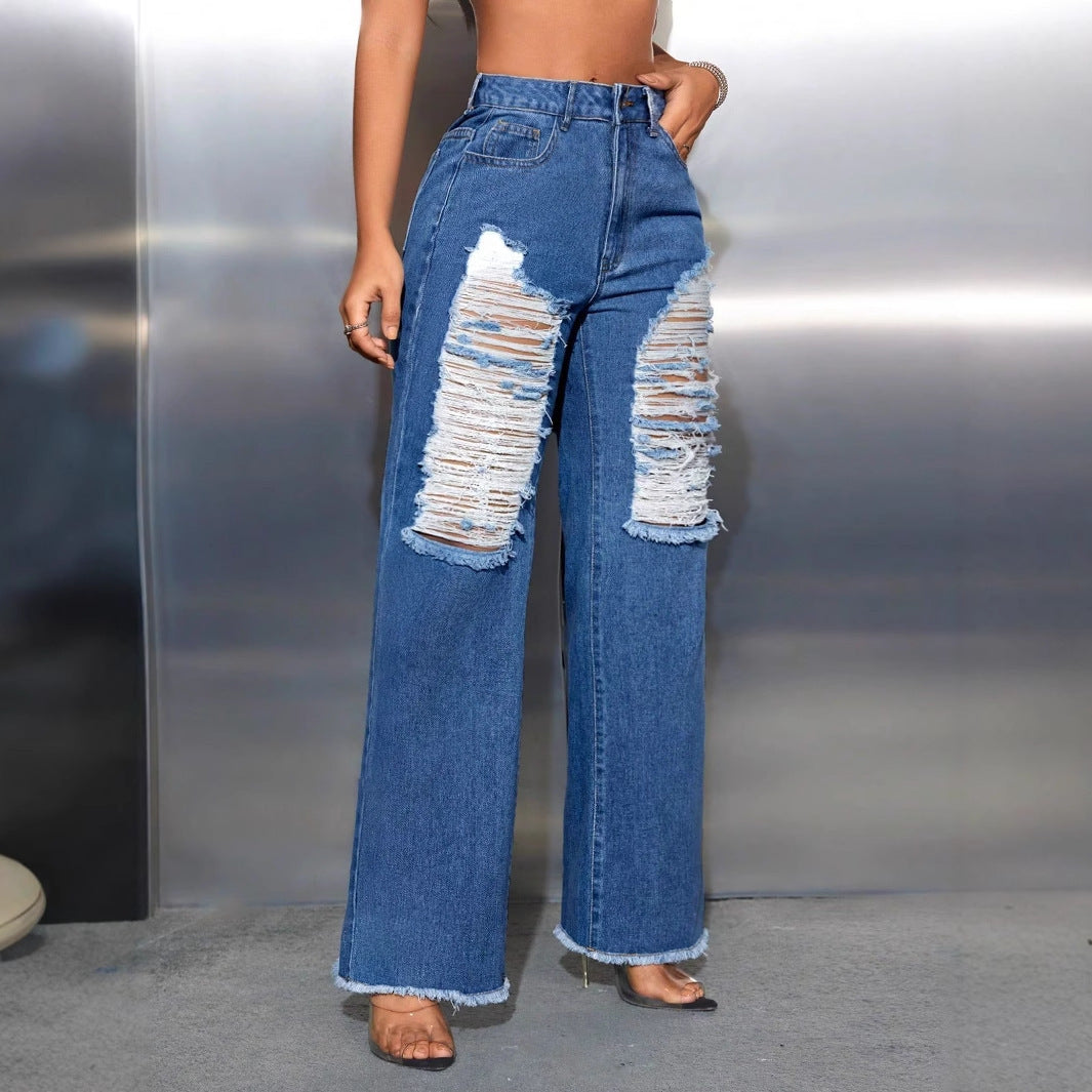 Leisure Ripped Wide Leg Denim Trousers - ADJOVIMARK