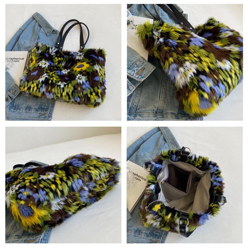 Winter Plush Bags Women Flowers Shoulder Bag Handbag - ADJOVIMARK