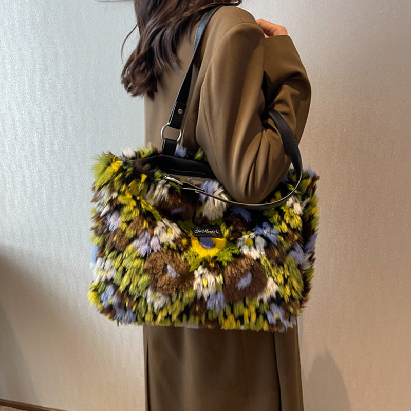 Winter Plush Bags Women Flowers Shoulder Bag Handbag - ADJOVIMARK