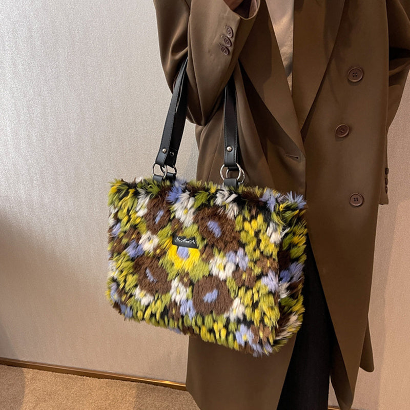 Winter Plush Bags Women Flowers Shoulder Bag Handbag - ADJOVIMARK