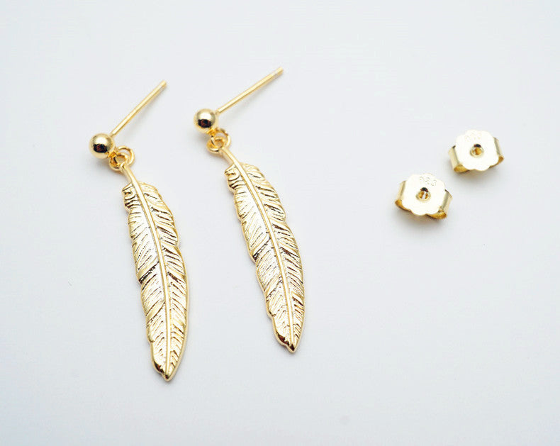 Japanese light luxury jewelry s925 sterling silver plated 18K gold vintage feather earrings Simple Japanese and Korean earrings jewelry - ADJOVIMARK