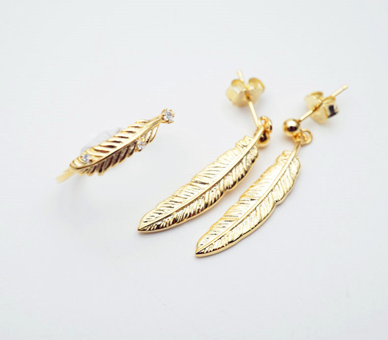 Japanese light luxury jewelry s925 sterling silver plated 18K gold vintage feather earrings Simple Japanese and Korean earrings jewelry - ADJOVIMARK