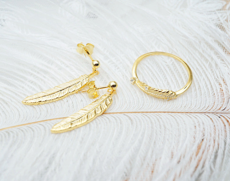 Japanese light luxury jewelry s925 sterling silver plated 18K gold vintage feather earrings Simple Japanese and Korean earrings jewelry - ADJOVIMARK