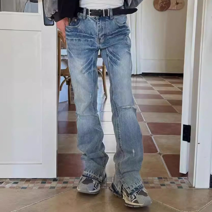 Paris Style Bootleg Pants RO Style Lightning Pattern Washed Split Jeans - ADJOVIMARK