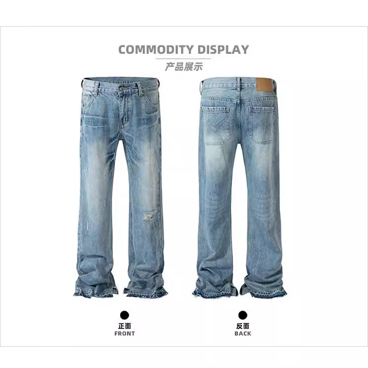 Paris Style Bootleg Pants RO Style Lightning Pattern Washed Split Jeans - ADJOVIMARK