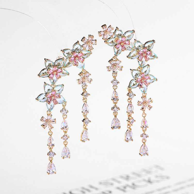 Fashion Flower Tassel Pendant Earrings For Women Wedding Crystal Dangle Earings Luxury Jewelry - ADJOVIMARK