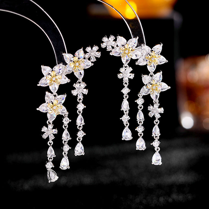 Fashion Flower Tassel Pendant Earrings For Women Wedding Crystal Dangle Earings Luxury Jewelry - ADJOVIMARK