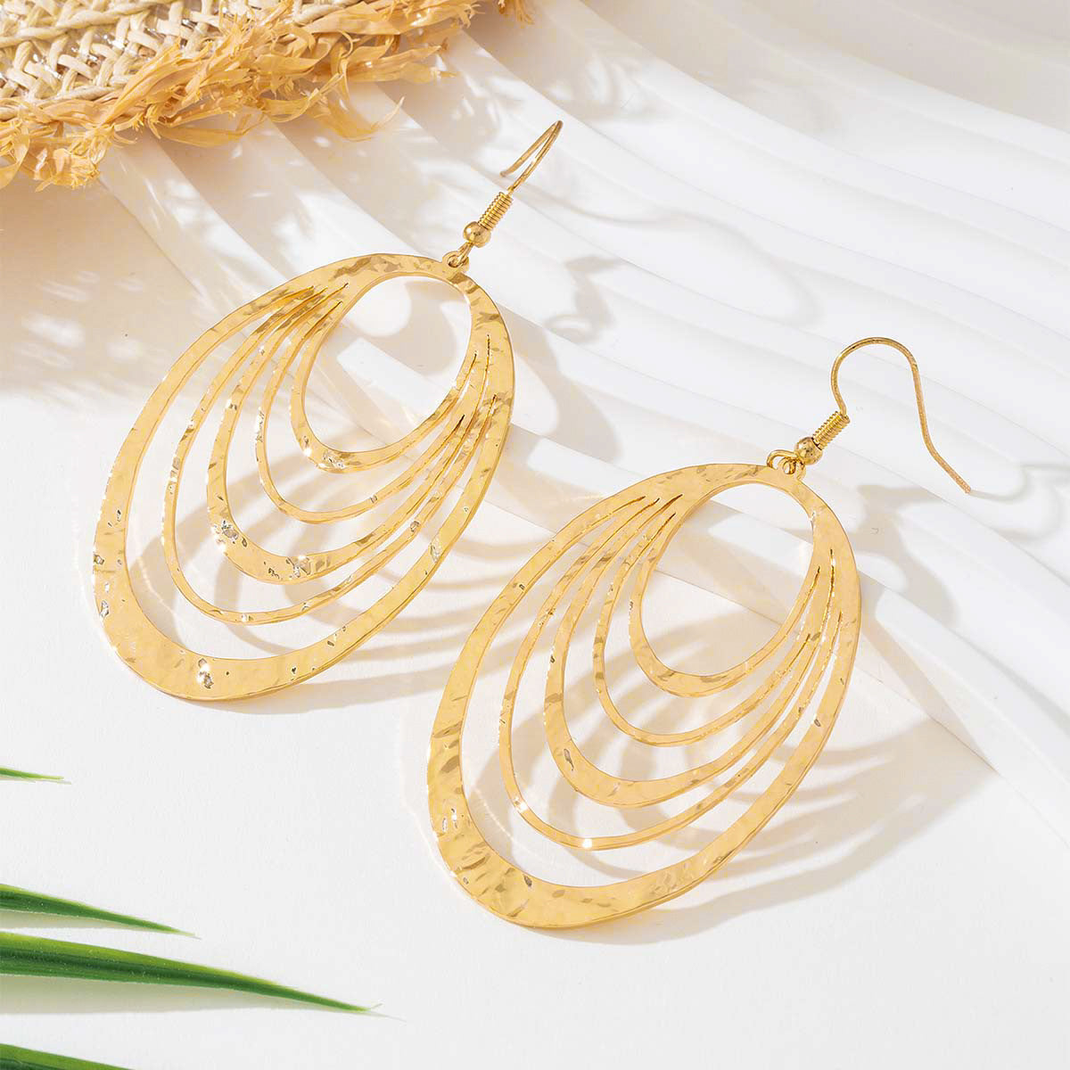 European And American Fashion Elegant 3 Layer Hollow Oval Shaped Big Gold-color Stainless Steel Dangle Drop Earrings - ADJOVIMARK