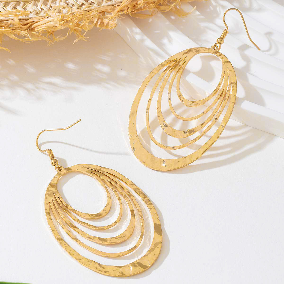 European And American Fashion Elegant 3 Layer Hollow Oval Shaped Big Gold-color Stainless Steel Dangle Drop Earrings - ADJOVIMARK