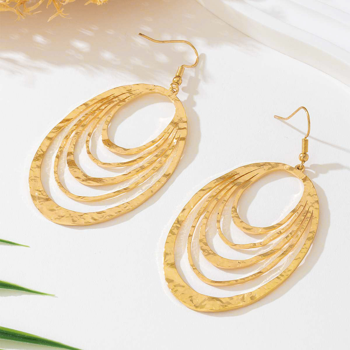 European And American Fashion Elegant 3 Layer Hollow Oval Shaped Big Gold-color Stainless Steel Dangle Drop Earrings - ADJOVIMARK