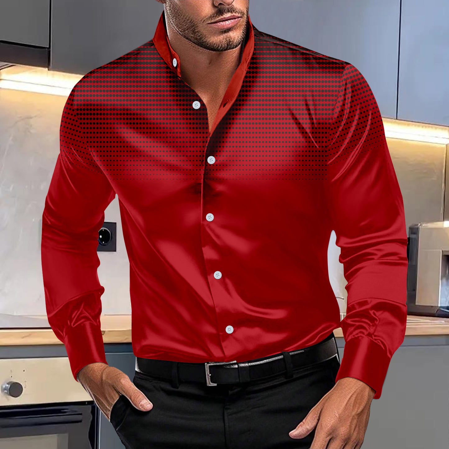 Four-sided Stretch Dotted Prints Daily Casual Stand Collar Long-sleeved Shirt - ADJOVIMARK