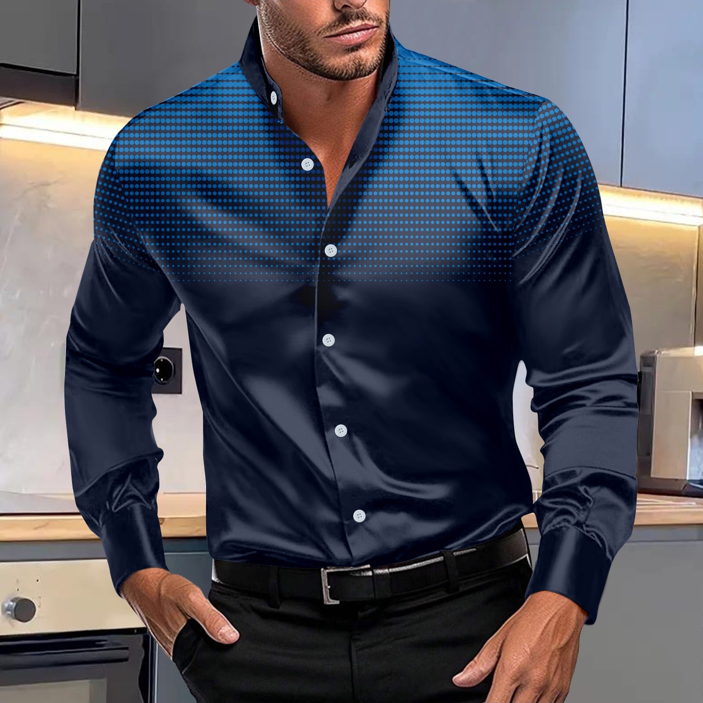 Four-sided Stretch Dotted Prints Daily Casual Stand Collar Long-sleeved Shirt - ADJOVIMARK