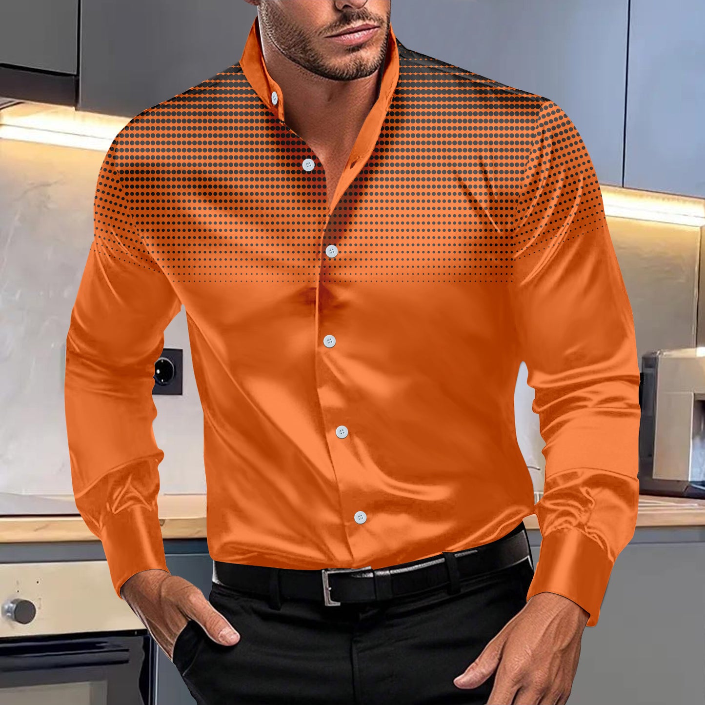 Four-sided Stretch Dotted Prints Daily Casual Stand Collar Long-sleeved Shirt - ADJOVIMARK