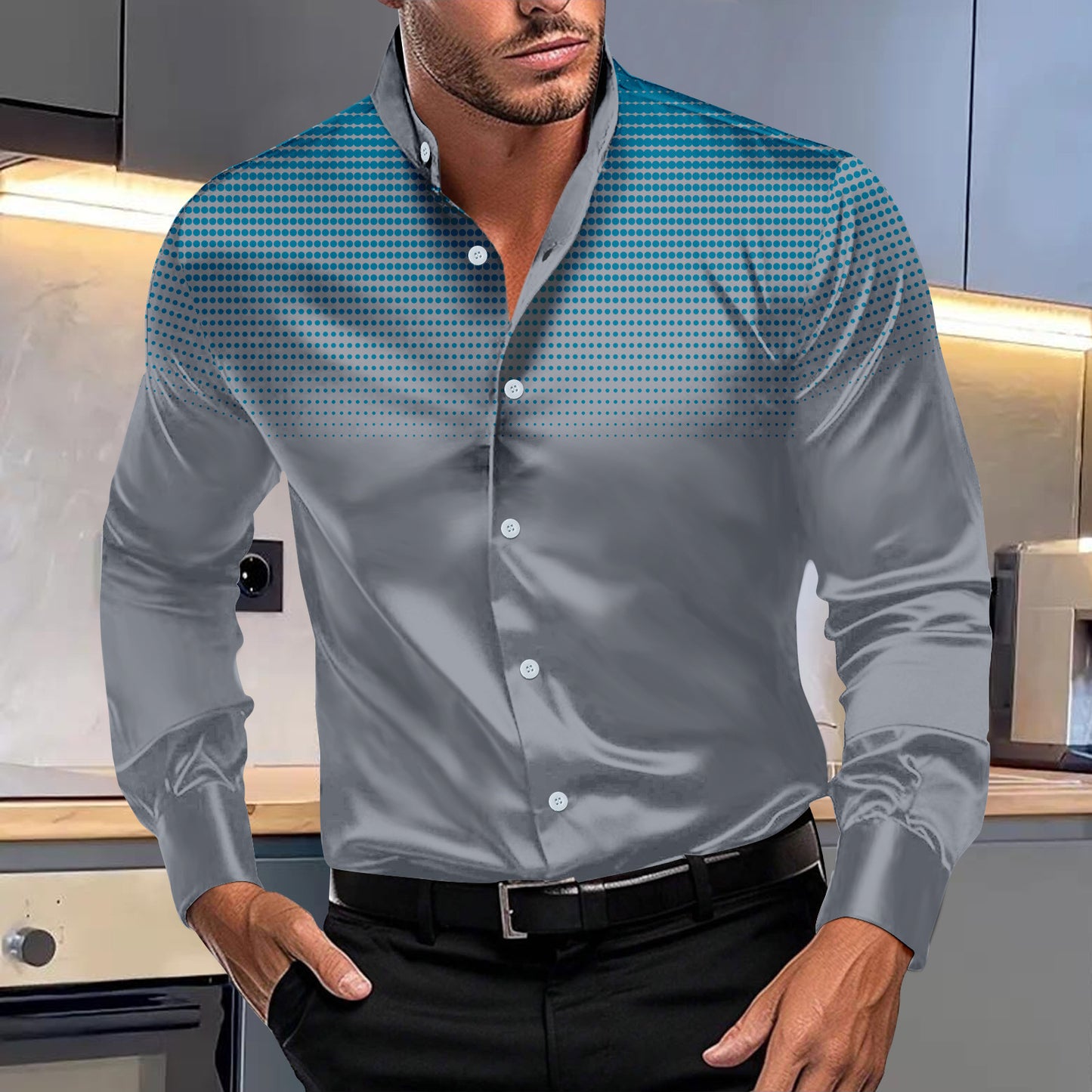 Four-sided Stretch Dotted Prints Daily Casual Stand Collar Long-sleeved Shirt - ADJOVIMARK